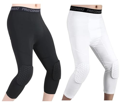 HULG Basketballhose Mit Knieschonern, Knieschoner-Kompressionshose,Gepolsterte Hose Mit Knieschützern 3/4 Capri-Kompressionshose Für Basketball, Fußball, Baseball (schwarz+weiß,XXL)
