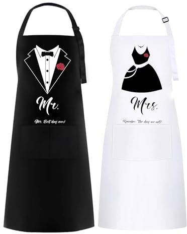 FunChaos 2 Pezzo Coppia Grembiuli, Mr & Mrs Regali, regolabile con 2 tasche. Bianco Nero Impermeabile Grembiuli per Matrimonio, Fidanzamento, Anniversario, San Valentino (Vestito)