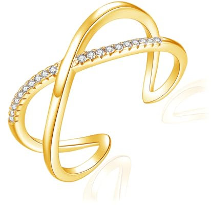 Josfeva Silber Damen Ringe, 925 Sterling Silber Verlobungsring Eheringe Band Ring, Verstellbar Stapelbare X-Form Ring mit Zirkonia, Gold Trendy Minimalistischer Daumenring für Liebe Braut Freund
