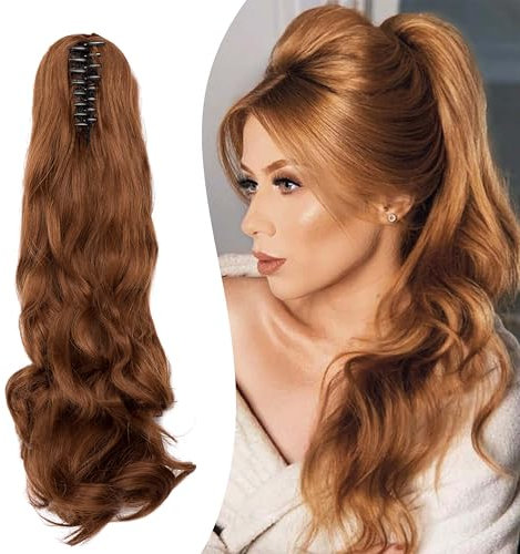 Gairyan 50cm Pferdeschwanz Haarteil Zopf Extensions Lang Lockige Claw Clip in Ponytail Extensions Synthetik Haare Extensions Gewellt Haarteil Haarverlängerung für Frauen (Leichtes Auburn)