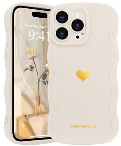 LAPOPNUT for iPhone 14 Pro Max Case,Cute Curly Wave Frame Love Heart Phone Case for Girls Women,Soft Silicone TPU Bumper Shockproof Camera Protective Cover for iPhone 14 Pro Max 6.7 inch,White
