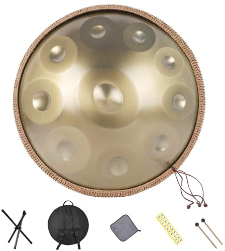 Handpan Drum 22 Inches 10 Notes 440HZ in D Minor Steel Hand Drum with Soft Handpan Bag, Harmonic Percussion for Sound Healing, Handpan Instrument for Personal Meditation,Yoga(Gold)