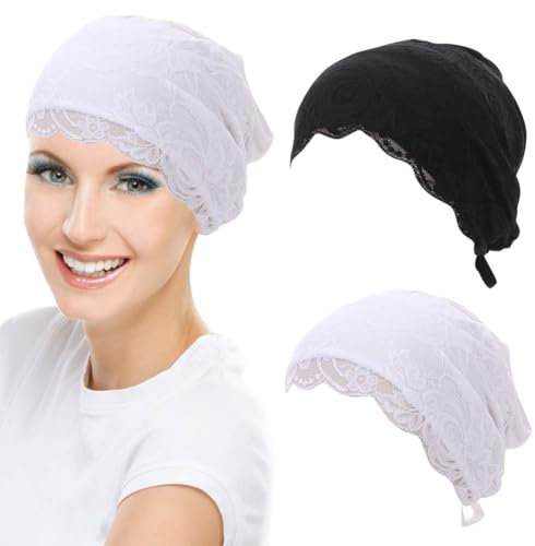 Muslimische Hijab-Mütze für Damen, Baumwolle, Spitze, Stretch, Unterkappe, Turban-Mütze mit Bindebändern, Chemo-Schlaf-Kopfbedeckung, 2 Stück, Schwarz und Weiß, 2-8
