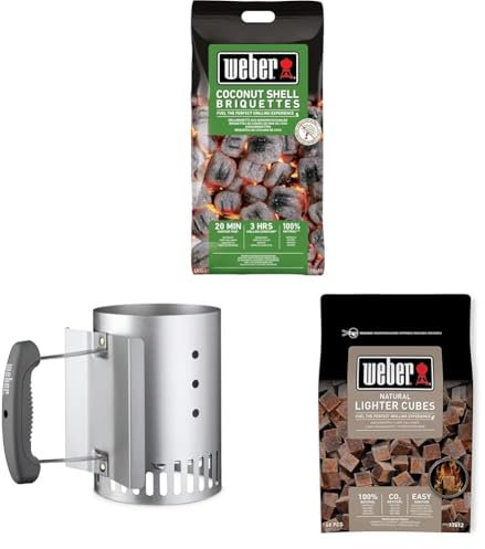Weber Carbón de cáscaras de Coco, 4kg, 18401 + Weber 7447, Chimenea de Encendido Compacta Rapidfire, a Carbón, de Aluminio, Metálico + Weber 17612, Bolsa de 48 Pastillas de Encendido Marrón