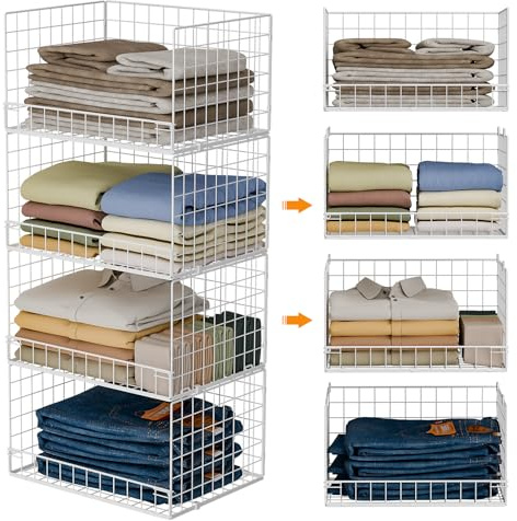 Yociyoga 4-Tier Stackable Closet Organizers and Storage Basket, Foldable Closet Shelf Organizer System, Space-Saving Clothes Storage Drawer Organizer for Wardrobe, White ((Patent 30022416))