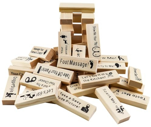 48PCS Super Naughty Block Tower Game, Love & Naughty Stapelturm Holzblöcke, Holzblöcke mit Wahrheit oder Pflicht Fragen und Herausforderungen, Stapelspiel for Paare, Lustiges Paarspiel FüR Erwachsene