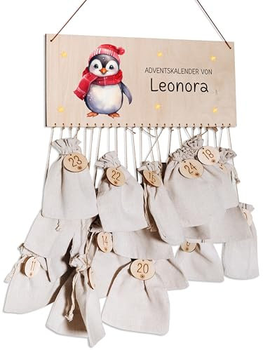 Bärenfreunde® - Personalisierter Adventskalender zum selber befüllen - mit kinderfreundlichem Druck auf Holz - mit Juteschnur Jutesäckchen und Holzzahlen (Pinguin große Augen)
