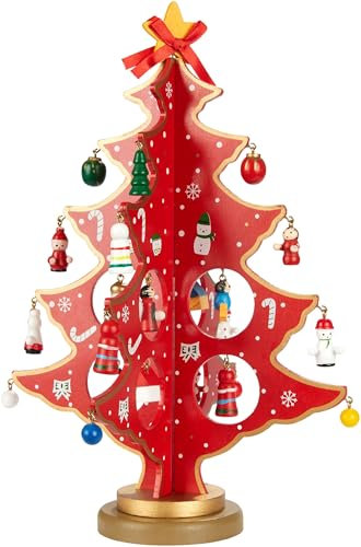 BRUBAKER Mini Weihnachtsbaum aus Holz - Tannenbaum zum Schmücken und Dekorieren - Christbaum Tischdeko Klein für Weihnachten inkl. Baumschmuck - Weihnachtsdekoration für Tisch und Fensterbank - Rot