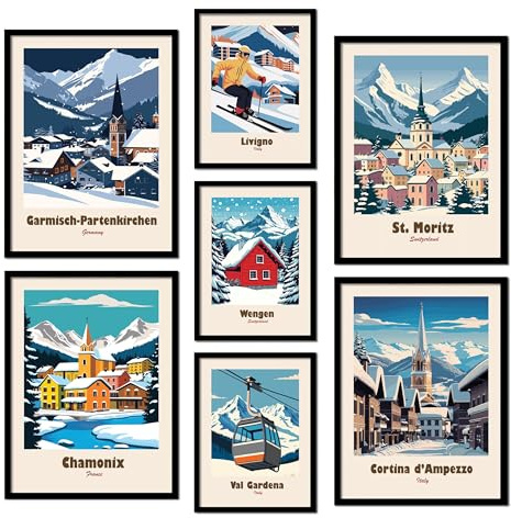 ag.art deco® Poster Wanddeko Wohnzimmer Ideal als Geschenk Modernes Design | 7 Travel Berge mit Rahmen Winterresorts Garmish P. Livigno Chamonix St Moritz Cortina d'Ampezzo Mehrteilige Wanddeko, Flur