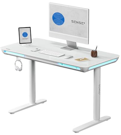 SENSE7 Bureau Informatique Nomo, Table de Jeu LED 120x60, Bureau en Verre avec Ports USB-C et USB 3.0, Bureau électrique réglable en Hauteur avec tiroir et Crochet, idéal pour Gaming ou Bureau