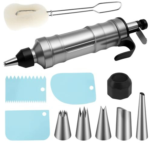 VAVPUP 13 Stück Tortenspritze Garnierspritze Set aus Edelstahl mit 6 Tüllen und 3 Cremeschabern,Torten Zubehör Komplettes Kuchen Dekorieren Set,Wiederverwendbares Kuchenspritze für Kekse,Cupcakes