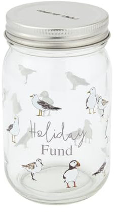 Cooksmart Coastal Birds Glass Money Jar | British Designed Savings Jar with Metal Screw-Top Lid | Gulls & Puffins Print | Decorative Coin Jar with Money Slot | Stylish Coastal-Inspired Home Accessory