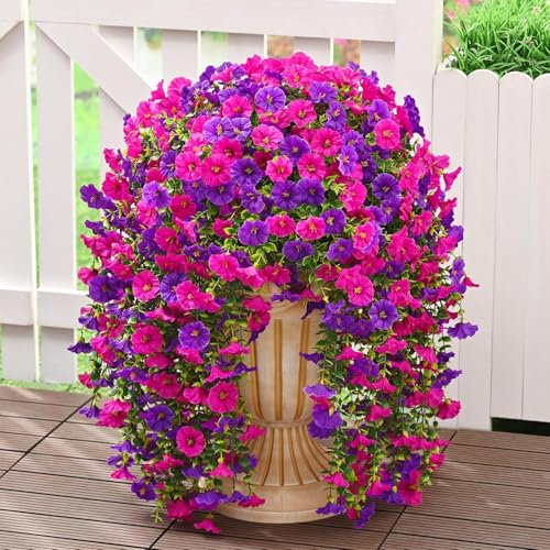ZUXOLBIN 4PCS Artificial Hanging Flowers for Outdoor Fake Hanging Plants Spring Summer Decoration UV Resistant Faux Flowers Silk Morning Glory Trailing Vines for Home Garden Yard Balcony (Fuchsia)