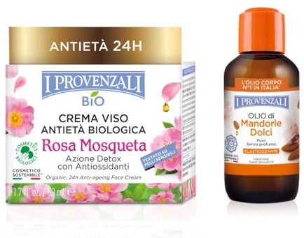I Provenzali Bipack Crema Viso Antietà Biologica Rosa Mosqueta 50ml e Olio di mandorle Dolci Elasticizzante 55ml
