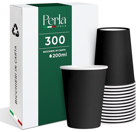 Perla - 300 Bicchieri in Carta da 200ml Ecologici Biodegradabili Monouso - Adatto per Bevande Fredde e Calde - Prodotto e confezionato in Italia - Made in Italy (Nero)