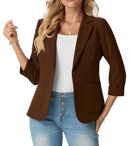 GRECERELLE Womens Blazer Suit Elegant 3/4 Sleeve Notch Lapels Collar Jackets Business Work Office Cardigans Jacket Suiting & Blazers with Pockets Button for Ladies (Coffee, 12)