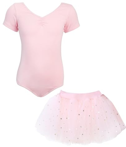 BALAYSIER Ballettkleidung Mädchen Kurzarm V-Ausschnitt Ballett Trikot und Abnehmbarem Tütü Kinder mit Pailletten Ballerina Kleid Kinder 3-11 Jahre