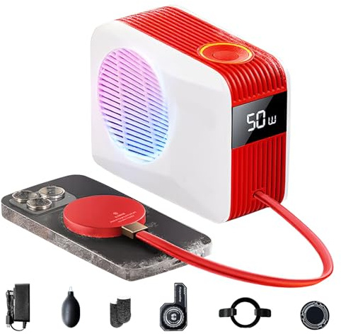 Phone Cooler for Gaming, Live Streaming, 50W Magnetic Cell Phone Cooler with Low Noise Liquid Cooling Radiator for iPhone MagSafe Series/Android/iPad/Tablet, with RGB Cooling Fan (White & Red)