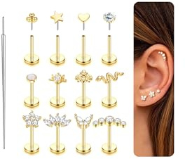 Milacolato 16G/18G/20G Piercing Ohr Chirurgenstahl Tragus Helix Piercings | Nasenpiercing Stecker Gewindelose Einschieben Flat Piercing Ohr Ohrringe Labret Rook Conch Lippenpiercing Gold Silber 6/8mm