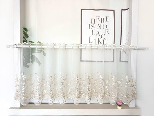 Daliena Scheibengardine Blumenmuster Kurzstore Transparent BxH120x60cm Sand | Romantisch Kurzgardine Bistrogardine Landhaus, Kleines Fenstervorhang, Gardine für Küchenfenster 1 Stück