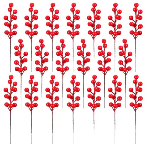 Wanmu 20 Pcs Artificial Red Berry Picks, 8.2 Inch Christmas Red Berry Stems Holly Branches Ornaments Decorations for Christmas Tree Wreath Crafts Xmas DIY Wedding Holiday Winter Home Decor