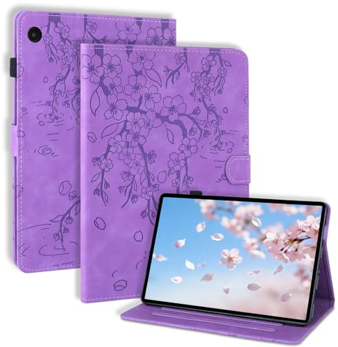 LSPCASA Custodia per Samsung Galaxy Tab A8 10.5 pollici 2022/2021 SM-X200/X205/X207 Custodia a libro in pelle PU con supporto portapenne, scomparti per carte di credito, tablet, cover fiori di prugna