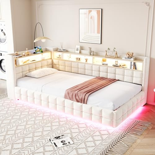 ANIROY L-förmige Schlafsofa 90x200cm, Samtstoff Polsterbett Tagesbett Sofabett mit LED & USB, Hydraulischem Stauraumbett, Einzelbett Bettgestell mit Lattenrost & Rückenlehne, ohne Matratze, Beige