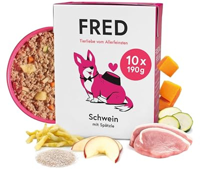 FRED Hundefutter Schwein mit Spätzle 10 x 190 g I Monoprotein Nassfutter mit Muskelfleisch I Gut verträglich I Mit Gemüse, Apfel & Ölen I Alleinfuttermittel für ausgewachsene Hunde