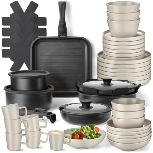 tectake® Set cucina 47 pezzi x 6 persone, stoviglie e pentole, 24 pcs tra piatti ciotole tazze, x microonde e lavastoviglie, 17 pcs tra padelle, grill coperchi pentole manici removibili - Nero/Tortora