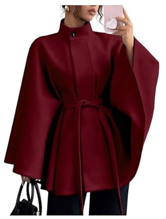 MASHANGGOU Women's Dolman Sleeve Cape Coat Jackets,belted ponchos pea coat Trendy Elegant Work Dressy Outerwear (L,Red)