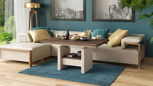 Lexus Couchtisch Eelegant Nussbaum / Beige ausziehbar höhenverstellbar mit Schublade 120/180 cm modern Wohnzimmertisch Esstisch abgerundete Ecken Sofatisch platzsparend hochwertig Wohnzimmer