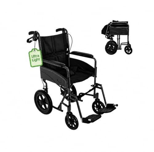 Lightweight Aluminium Folding Transit Compact Travel Wheelchair Net Carry Weight Only 9.5kg, Seatbelt, Attendant Brakes, Adjustable Footrests (Grey, Wide)