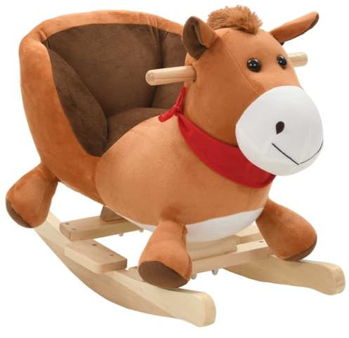 GeenYuu Schaukeltier Pferd mit Rückenlehne Plüsch Braun 60x32x50 cm Kinder Schaukelpferd Holz Reittier mit Metallrahmen für Indoor Outdoor Baby Kleinkind Geschenk Motorik Gleichgewicht