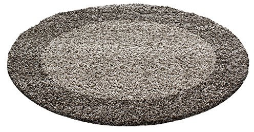 Carpettex Hochflor Teppich Wohnzimmer Shaggy Flokati Teppich Modern Bordüre Design 120 cm Rund Taupe - Teppich Schlafzimmer Weich Flauschig Waschbar Teppich Küche Esszimmer - Langflor Teppiche