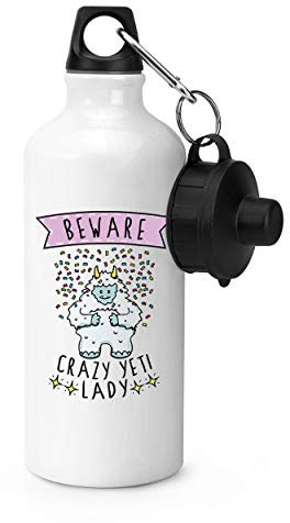 Gift Base Beware Crazy Yeti Lady Sports Bottle Water Gym 600ml White