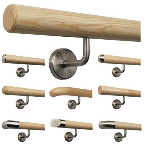 TIBU Kiefer Handlauf Treppen Geländer Handläufer 30-500 cm aus einem Stück mit Edelstahl Halter, Länge 180 cm mit 3 Halter und Ende Radius gefräst