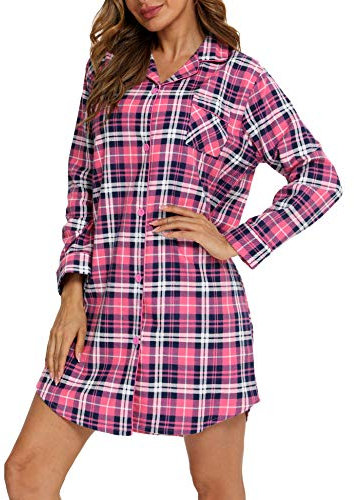 ENJOYNIGHT Chemise de nuit en flanelle imprimée à manches longues boutonnée sur le devant pour femme, Treillis rose., L