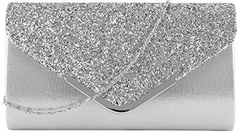 OneMoreT Damen-Clutch mit Glitzer, silberfarben, für Hochzeit, Abendveranstaltung, Party, Abschlussball, Kette Clutch silber