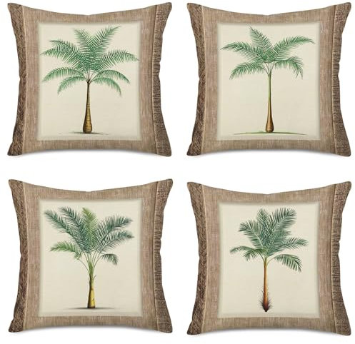 Fukeen Set of 4 Tropical Paradise Plant Throw Pillow Case Coconut Palm Tree Decorative Burlap Cushion Covers Exotic Beach Style Home Office Decorations Cotton Linen Square 18x18 Pillow Protectors