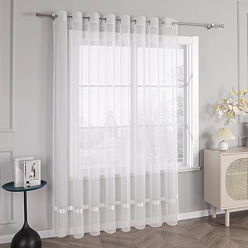 HongYa Stores Voile Gardine Schal Transparenter Vorhang mit Satinband Ösen H/B 145/300 cm Weiß