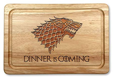 Tagliere in legno massello con scritta in lingua inglese “Dinner is coming”, dimensioni: 30 x 20 cm