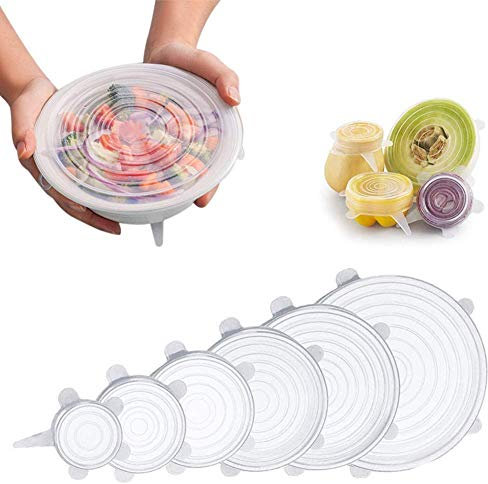 Coperchi elastici in silicone, coperchio di varie dimensioni per ciotola riutilizzabile, durevole ed espandibile per adattarsi a molte dimensioni e forme del contenitore.(Trasparente-6PCS)