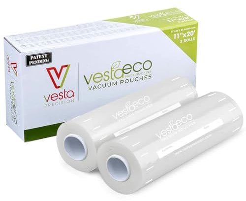 VestaEco Kompostierbar Vakuumierrollen | 2 Stück | BPI und OKCompost zertifiziert kompostierbar | Klar und geprägt (28x600 cm)