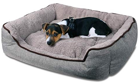 Hundebett 58 x 46 cm waschbar, weich gepolstert, rutschfest, Grau für Hunde | Komfortables Hundebett 58 x 46 cm mit Plüschbezug, stabilen Polsterrändern, rutschfester Unterseite & waschbarem Innenkissen.