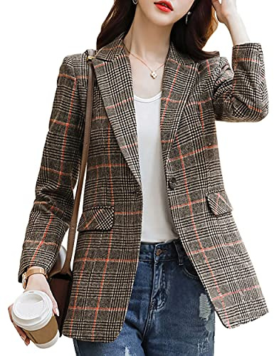 ebossy Blazer boyfriend à revers cranté à 2 boutons pour femme, motif pied-de-poule, Z-kaki., Small