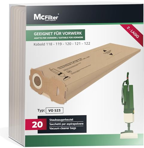 McFilter | 20 bolsas para aspiradora adecuadas para Vorwerk Kobold VK118 VK119 VK120 VK121 VK122 | papel de filtro de 2 capas | recambio para FP118-122 | bolsa tipo VO 523