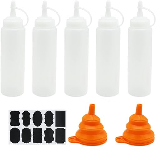 5 Pcs Squeeze Condiment Bottles, Reusable Plastic Sauce Seasoning Bottles Dispensers, 8 oz Squeezy Squirt Bottles for Ketchup Mustard Hot Sauces Oil with Funnel, Sticker Lable - White(250ml)