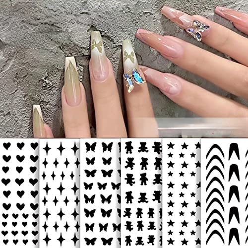 RUNRAYAY 6 Sheets Airbrush Nail Stickers, French Tip Butterfly Star Heart Line Nail Decals Printing Template DIY for Manicure Tips Women Girl Nail Art Decor