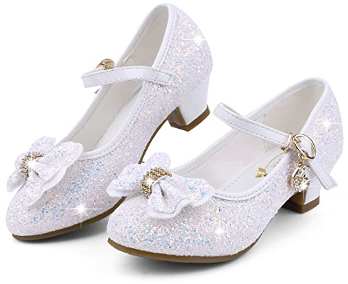 Girl Sandals Glitter Princess Shoes Sequin Party Shoes Bling Bowknot High Heels Wedding Birthday Dress Comfort Bright Diamond Cosplay Dance for Little Girls Christmas White