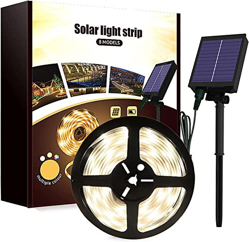KINGCOO Ruban LED Solaire Extérieur, 10m 240LED Bande LED IP65 Étanche Décoratifs Guirlande Lumineuse Solaires avec Télécommande 8Modes Éclairage pour Maison Jardin Mariage Fête Noël (Blanc chaud)